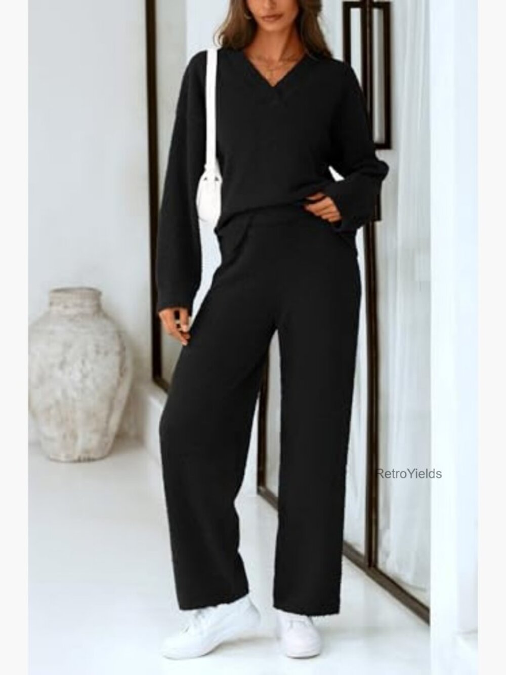 Two Piece Relaxed Knit Lounge Set Wide Leg Sweatpants Pullover V Neck - Picture 3 of 7